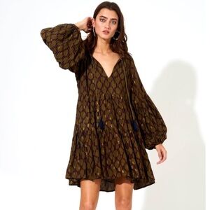 OLIPHANT Fig Balloon Sleeve Dress Smocked Waist Chiffon Dress Olive Gold Small